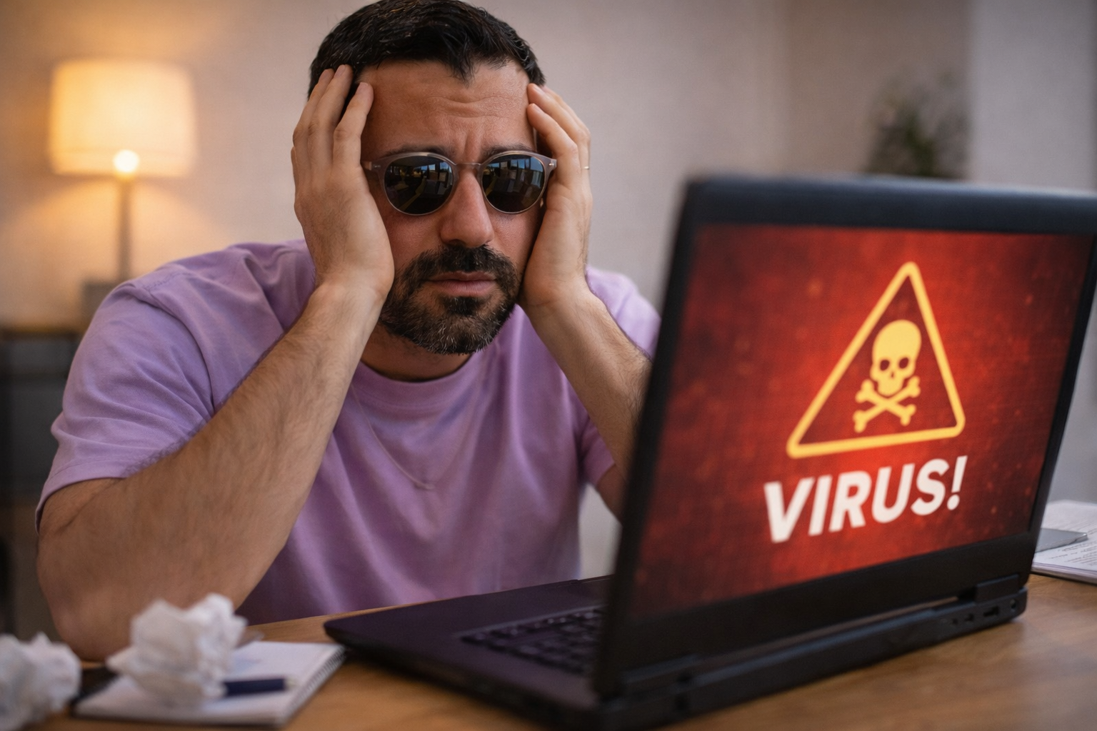 תמונה של יניב מול מחשב עם וירוס